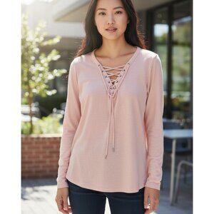 Lauren Ralph Lauren LRL Lace Up Knit Cotton Top L Pink Peasant Renaissance